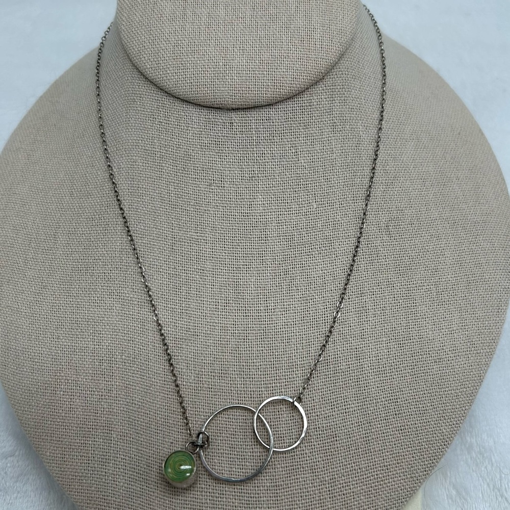 Sterling Silver 925 Dainty Double Circle, green and silver charm Necklace petite